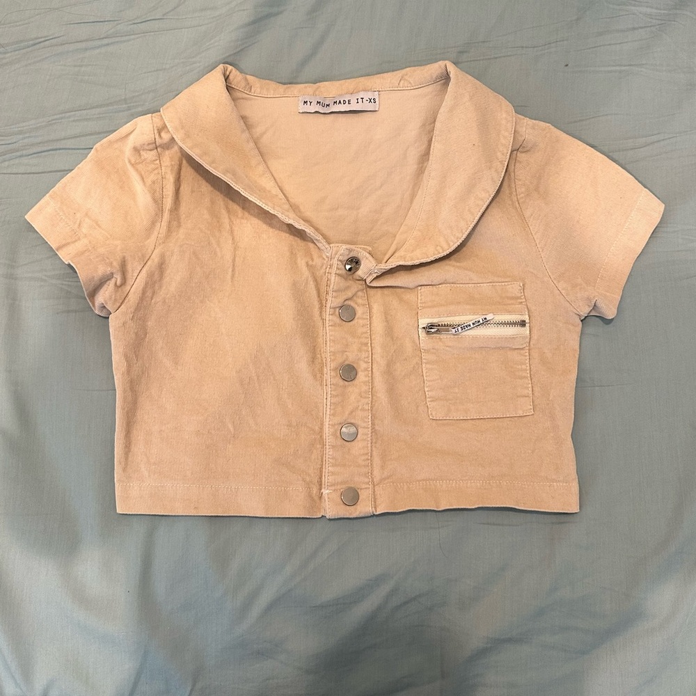 My Mum Made It tan button up crop top